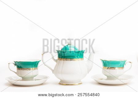 Set Of Dishes On White Background. Cups And Kettle. Indian Set.