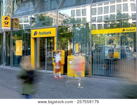 Frankfurt/main, Germany - September 09, 2018: Postbank Office Entrance With Cash Machine, Letter Box