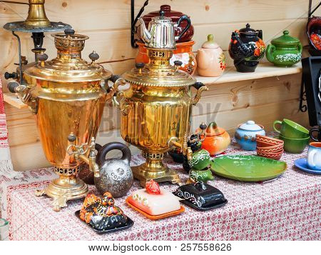 Moscow, Russia - August 19, 2018. Antique Crockery At The Festival Times And Epochs. Historical Reco