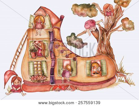 Children's Book Illustration. Watercolor Cute Shoe House With Windows, Roof And Tree Behind And A Lo