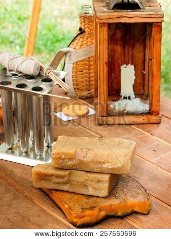 Old Fashioned Household Items In Markitant Tent, Set For Candle And Soap Making. Historical Reconstr