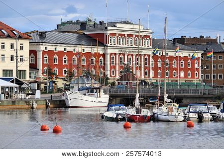 Jonkoping, Sweden - August 25, 2018: Lakefront View Of Jonkoping Town In Sweden. Jonkoping With Popu