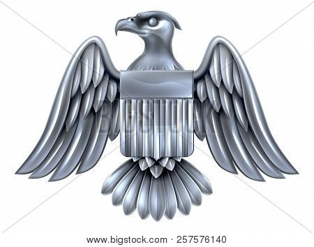 Silver Metal American Eagle Design With Bald Eagle Of The United States With American Flag Shield
