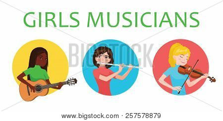 Musicians Girls Of Different Nations Is Inspired To Play Musical Instruments. Violinist, Flutist, Gu