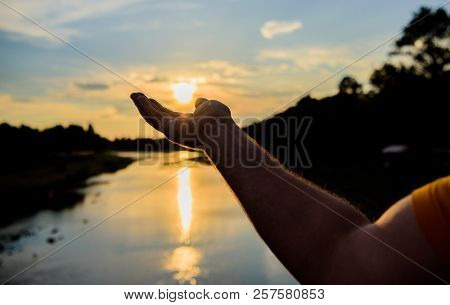 Capture Moment To Admire Sunset Nature Beauty. Enjoy Sunset Above River Surface. River Sun Reflectio