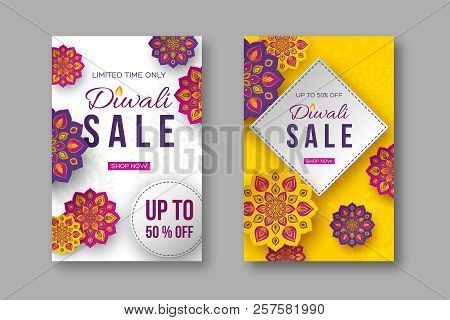 Sale Poster Or Banner For Festival Of Lights - Diwali. Paper Cut Style Of Indian Rangoli. Yellow And