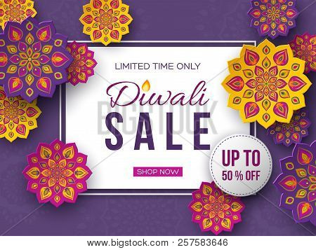 Sale Poster Or Banner For Festival Of Lights - Diwali. Paper Cut Style Of Indian Rangoli. Violet Bac