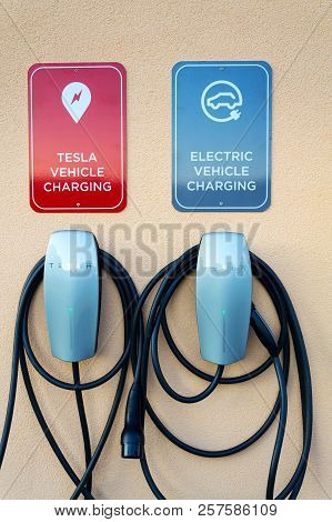 Velke Bilovice, Czech Republic - September 8 2018: Tesla Electric Vehicle Plug-in Car Charging Stati
