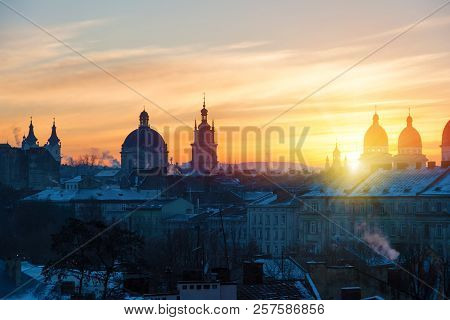 Morning Lviv, Sunrise. View Of The Central Part Of City And Churches:  St. Michael's Ukrainian Catho