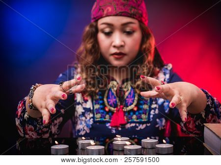 Female Seer Teller Doing Psychic Reading Predicting Fate