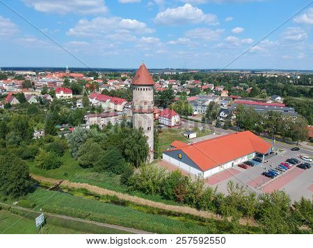 BIALOGARD, POLAND - 17 AUGUST 2018 - Aerial view on Bialogard city panorama with historical Water Pressure Tower.