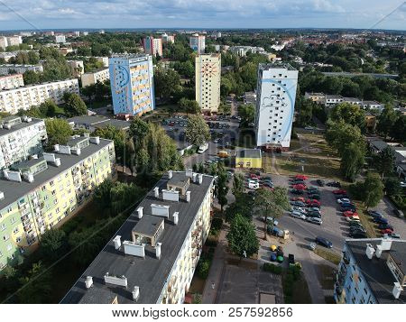 KOSZALIN, POLAND - 10 AUGUST 2018 - Aerial view on city Koszalin, area of Gierczak street