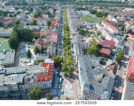 SLUPSK, POLAND - 16 AUGUST 2018 - Aerial view on Slupsk city center with Wojska Polskiego street
