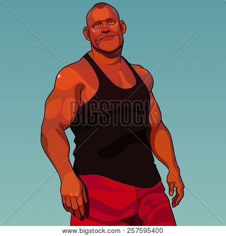 Cartoon Calm Sturdy Muscular Man Dressed In Sports Clothes Stands In The Sunset Light
