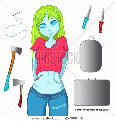 Zombie Collection. Set For The Zombie Apocalypse - Ax, Knife, Medical Kit, Zombie Case And Over. Zom