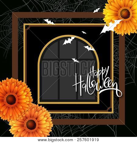 Vector Illustration With Design Template For Halloween Event Banner With Detailed Bright Gerberas, B