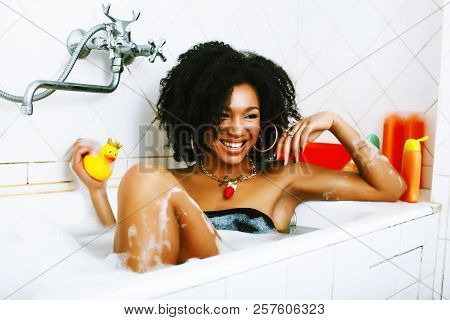 Young Pretty African American Girl Taking Bath With Foam, Lifest