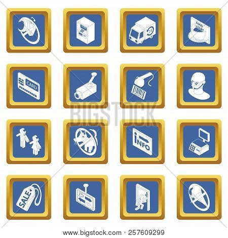 Shop Navigation Foods Icons Set Blue Square Isolated On White Background