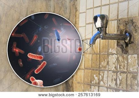 Safety Of Drinking Water Concept, 3d Illustration Showing Bacteria Contaminated Drinking Water