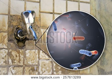 Safety Of Drinking Water Concept, 3d Illustration Showing Bacteria Contaminated Drinking Water