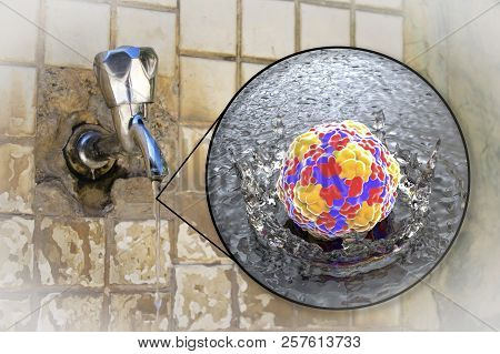 Safety Of Drinking Water Concept, 3d Illustration Showing Hepatitis A Viruses Contaminating Drinking