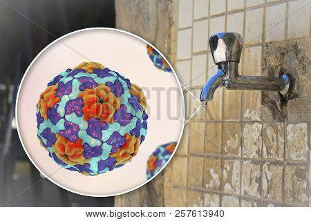 Safety Of Drinking Water Concept, 3d Illustration Showing Hepatitis A Viruses Contaminating Drinking