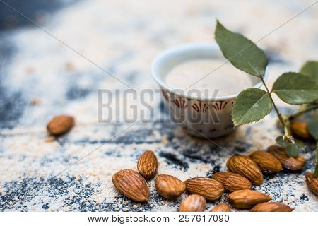Close Up Of Oats Face Pack Or Avena Sativa Facial Mask I.e  Crushed Or Powdered Almonds Or Badam,mil