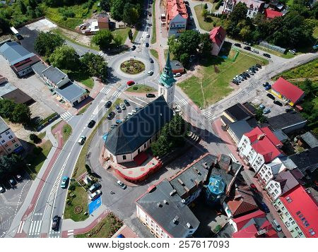 Miastko, Poland - 05 August 2018 - Aerial View On Miastko City With Baroque Church And Jan Pawel Ii 