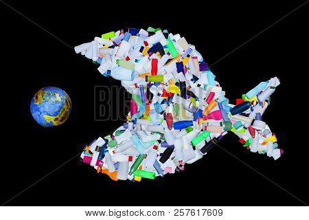Garbage Destroying Our World Oceans And Earth - Concept With Plastic Bottles Fish Eating The Planet