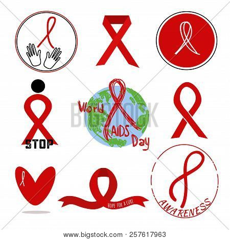 Aids Red Ribbon Isolated On White Background. Icon Set For World Aids Day. Hiv Symbols Fighting For 