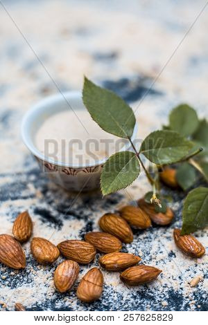 Close Up Of Oats Face Pack Or Avena Sativa Facial Mask I.e  Crushed Or Powdered Almonds Or Badam,mil