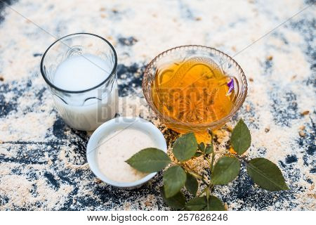 Close Up Of Oats Face Pack Or Avena Sativa Facial Mask I.e  Crushed Or Powdered Almonds Or Badam,mil