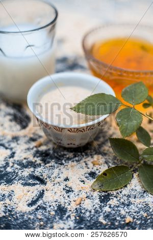 Close Up Of Oats Face Pack Or Avena Sativa Facial Mask I.e  Crushed Or Powdered Almonds Or Badam,mil
