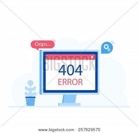 404 Error Page Design Concept. Computer Screen With Error. Modern Flat Style Vector Illustration.