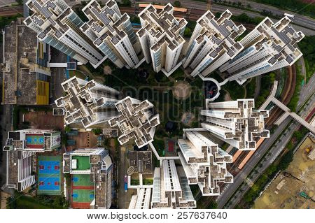 Tin Shui Wai, Hong Kong 02 September 2018:- Drone fly over Hong Kong residnetial district in the evening