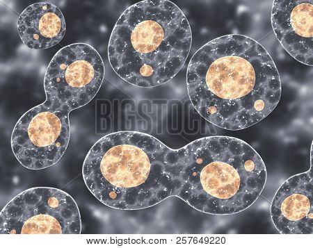 Amoebas on blurred background. 3d render