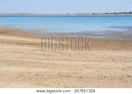 Low Water Level At Lake Standley Reservoir In Westminster Colorado During Increasing Drought Conditi