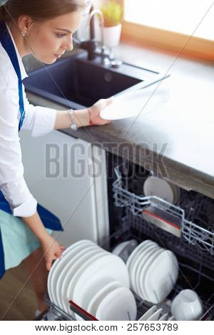 Dishwasher. Young woman in the Kitchen doing Housework. Wash-up