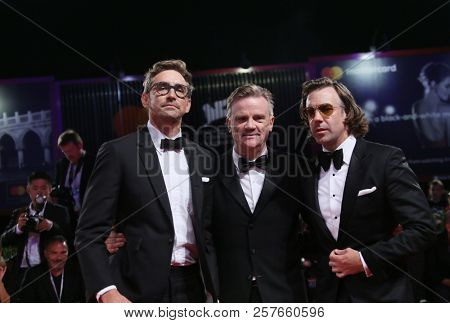 Jason Sudeikis, Lee Pace and Nick Hamm walk the red carpet ahead of the 'Driven' Premiere And Closing Night during the 75th Venice Film Festival at Sala Grande on September 8, 2018 in Venice, Italy.