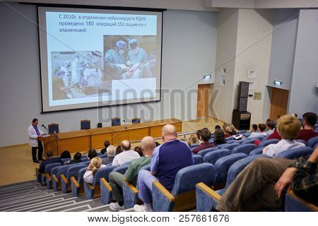 MOSCOW, RUSSIA - FEB 2, 2018: People listen to speaker during Surgical Treatment of Epilepsy conference in Russian Children Clinical Hospital.