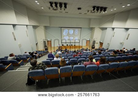 MOSCOW, RUSSIA - FEB 2, 2018: Auditorium with participants Surgical Treatment of Epilepsy conference in Russian Children Clinical Hospital.