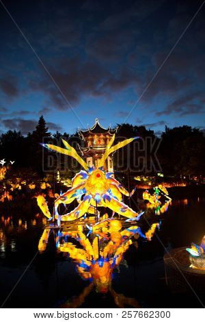 MONTREAL,CANADA- SEPT 8 2018: Botanical garden exhibit in Mtl Glittering lanterns of various shapes illuminate the Chinese Garden and the eyes of thousands of visitors who come to enjoy the spectacle