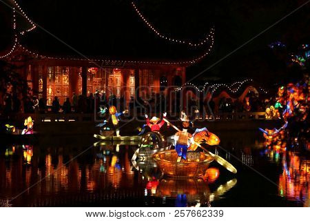 MONTREAL,CANADA- SEPT 8 2018: Botanical garden exhibit in Mtl Glittering lanterns of various shapes illuminate the Chinese Garden and the eyes of thousands of visitors who come to enjoy the spectacle