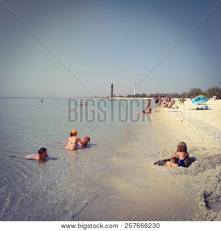 Dzharylgach Island - Ukraine - August 2018: Tourist Resting At Beach, Swiming In Sea, Wide Angle Pan