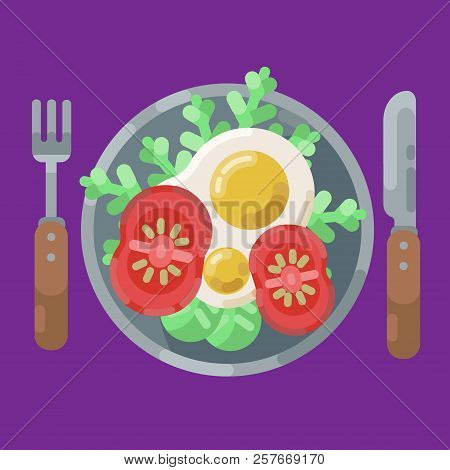 A Hearty Breakfast Of Fried Eggs And Fresh Vegetables. Vector Illustration. Eating On A Plate Is A T
