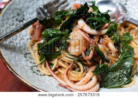 Sea Food Spaghetti Put Fresh Shrimp And Green Basil Leaves