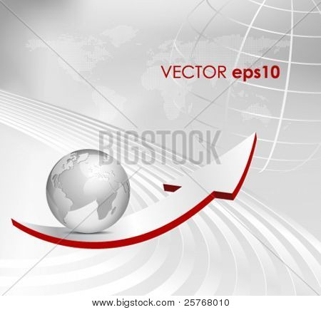 Business background con freccia, 3d globe e planisfero punteggiato - modello abstract vector grigio