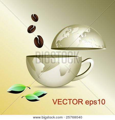 Internet café concept - zakelijke wereldkaart in de vorm van een wereldbol kopje koffie met deksel, koffiebonen en