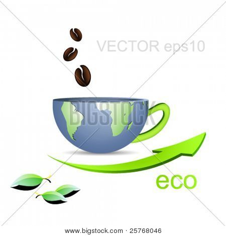 halben Globus in Form einer Tasse mit Kaffeebohnen und Pfeil gegen weißen Hintergrund Businesskonzepte