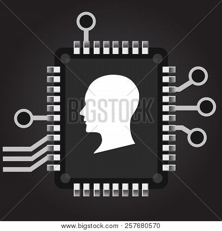 Artificial Intelligence. Human Head Outline With Circuit Board Chip Processor Inside. Technology And
